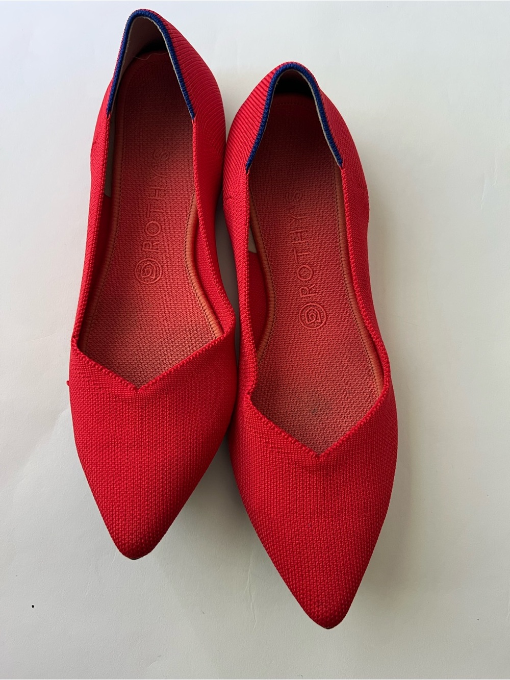 Rothy's Pointed Knit Flat in Bright Red with Navy Trim